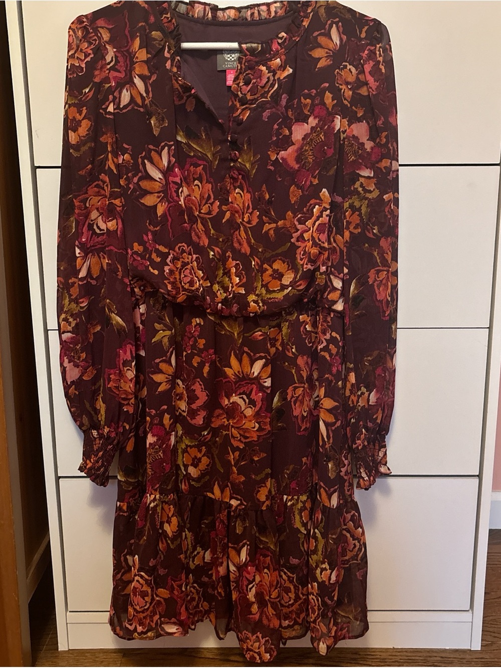 Vince Camuto Burgundy Floral Long-Sleeve Tiered Dress